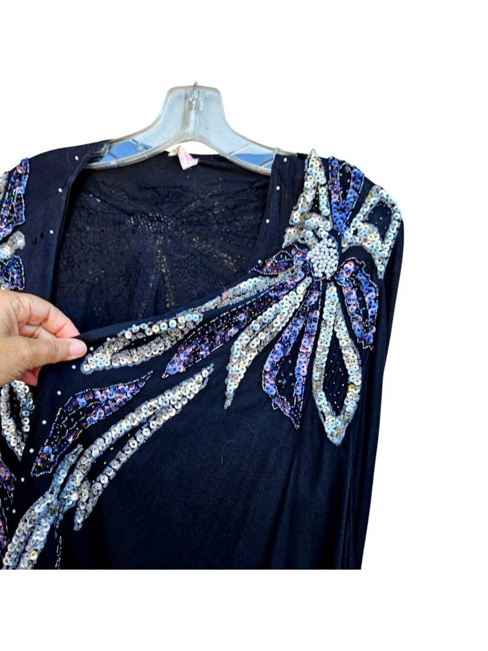 Volup Vintage 1980s Beaded Sequin Butterfly Batwing Top Black Plus